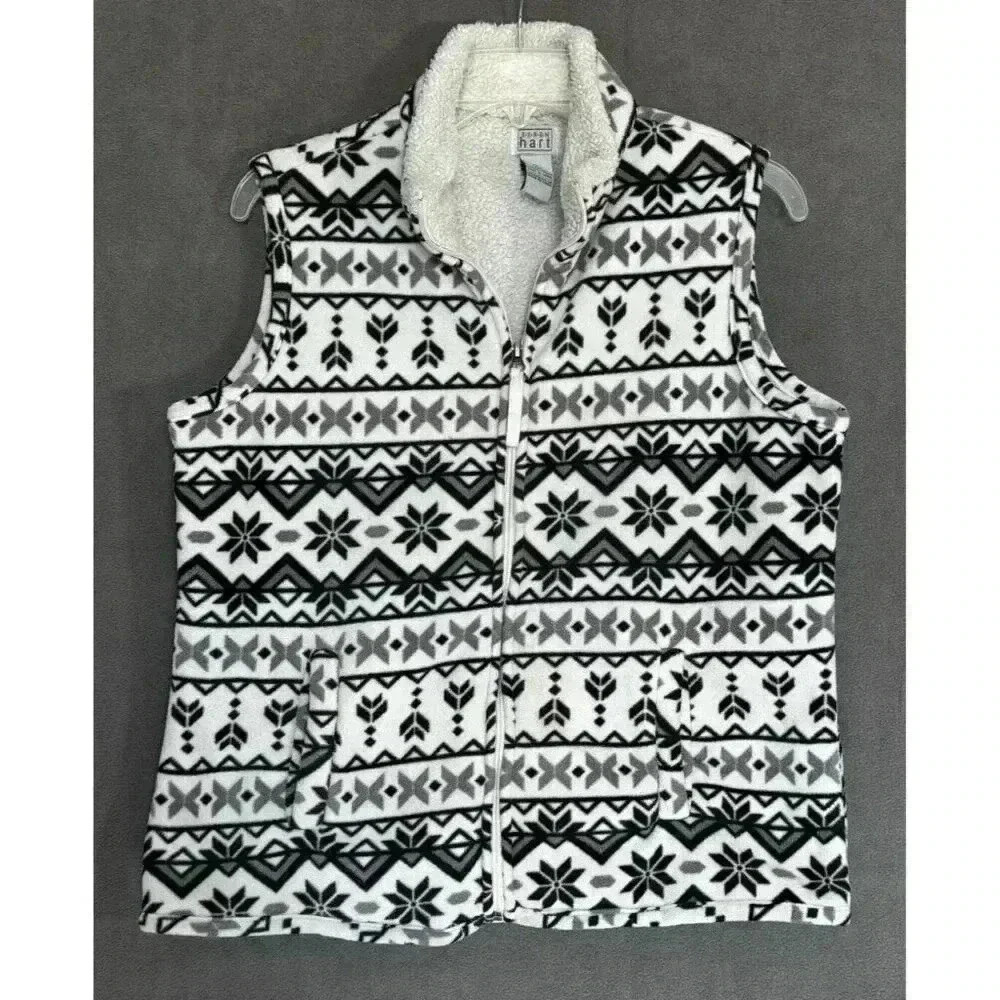 Large Keren Hart Fair Isle Full Zip Winter Fleece Vest Snowflake Sweater Vest